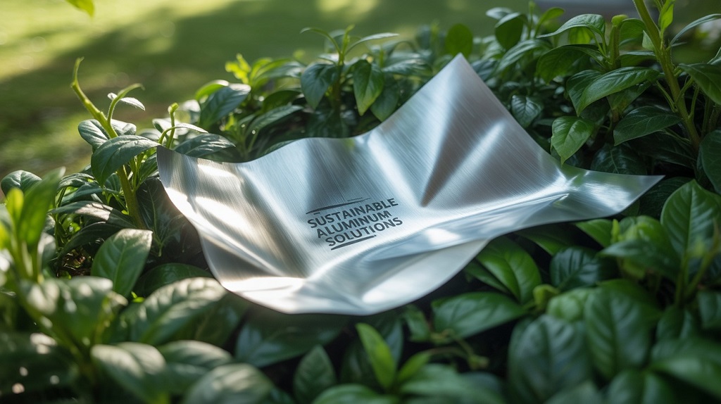 Green leaves surrounding a sheet of aluminum foil, representing sustainable and renewable possibilities for aluminum use.