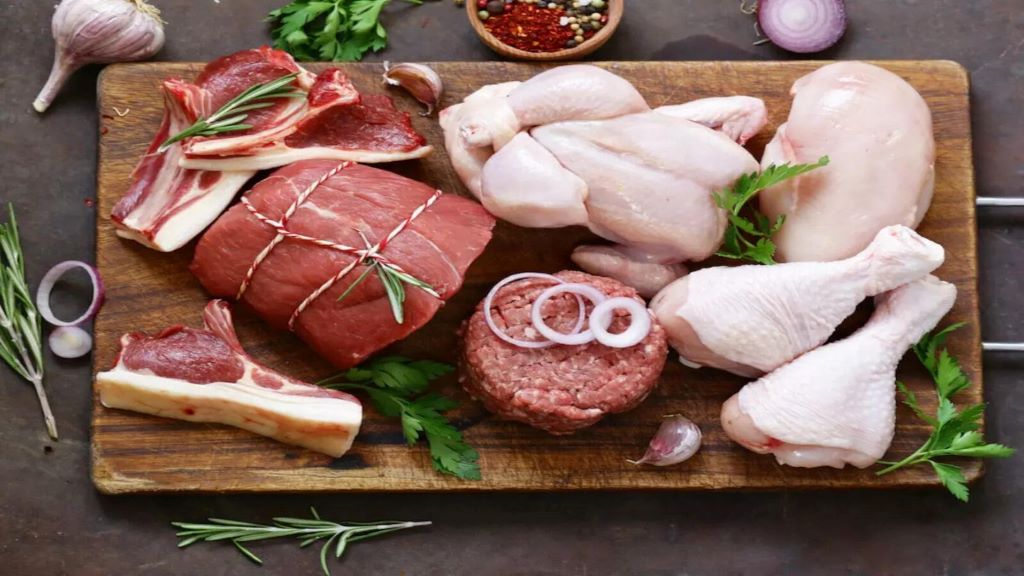 Illustration of various types of meat on a cutting board with environmental icons like a globe and factory emissions, representing the environmental impact of meat consumption