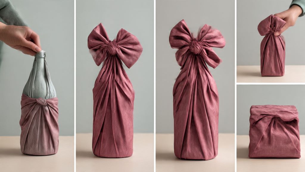 2. Step-by-step furoshiki bottle wrapping technique demonstration showing fabric folding stages and final presentation