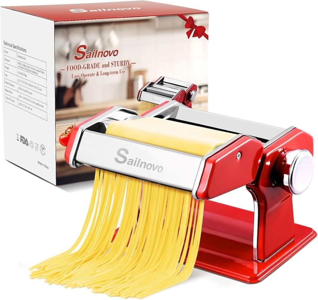 Close-up of homemade pasta being extruded from Sailnovo 2-in-1 machine.