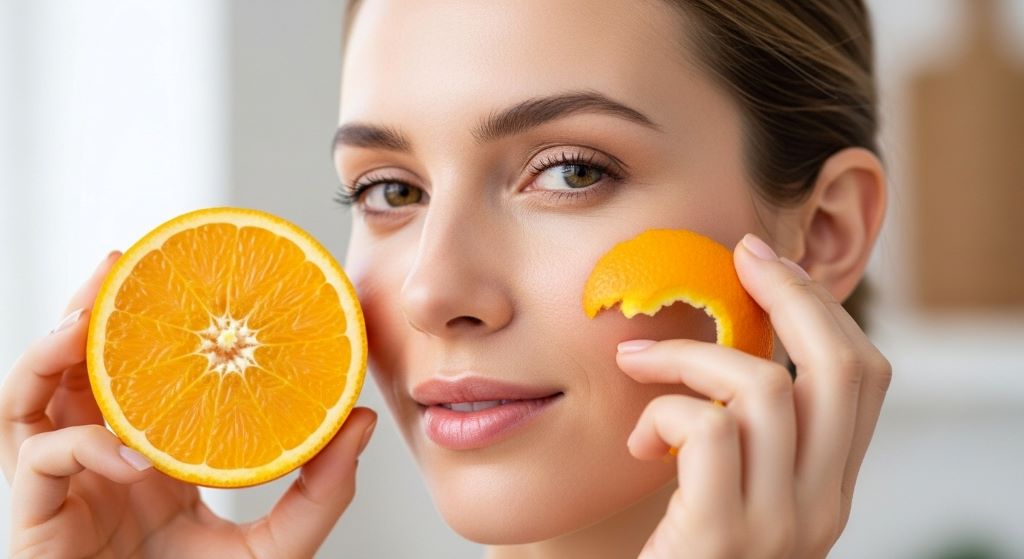 Woman holding orange half near face showing connection between citrus consumption and healthy glowing skin protection