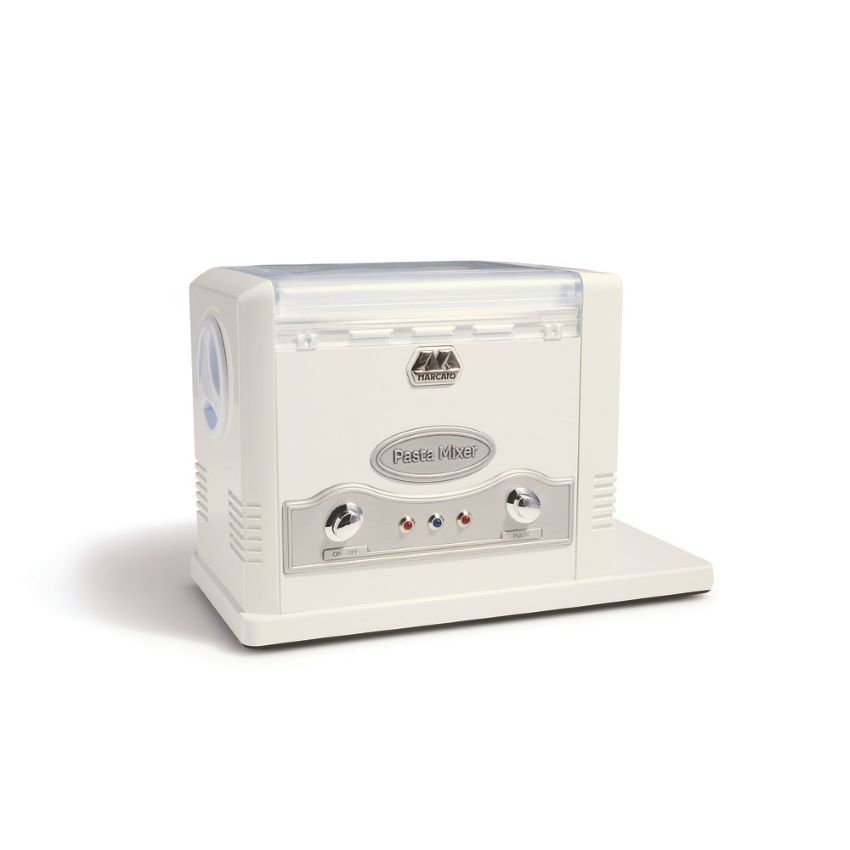 Close-up of MARCATO electric pasta maker showing rollers and attachments for Atlas and Ampia users.