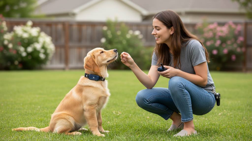Owner training puppy with Bousnic collar using positive reinforcement techniques