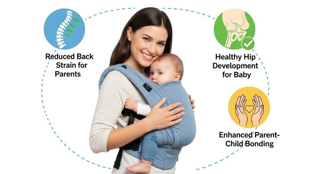 benefits of baby carrier with hip seat, including bonding, reduced back strain, and healthy hip development