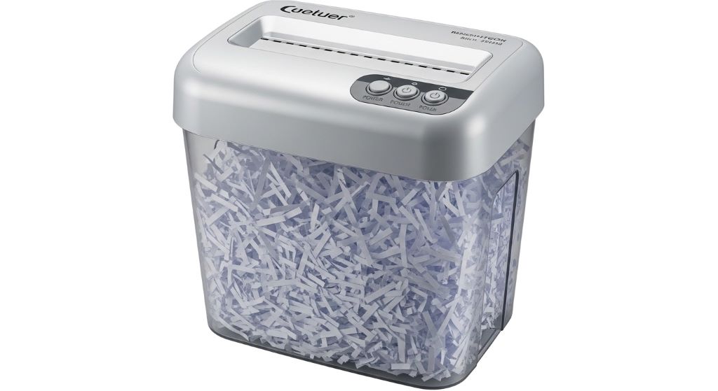 Budget-friendly desktop shredder with transparent waste bin showing shredded paper