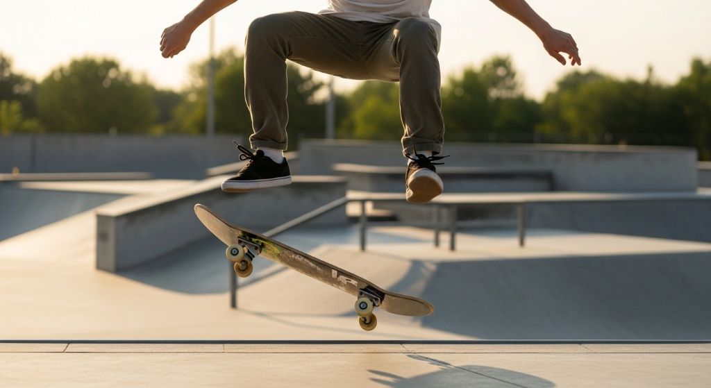 Skater performing kickflip wearing proper skateboarding footwear