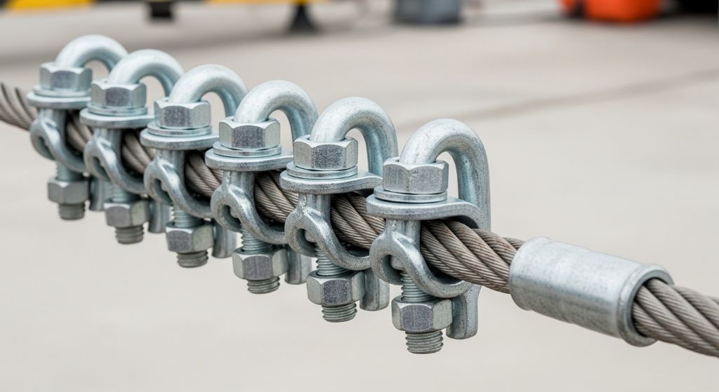 Multiple rope clamps properly spaced along steel cable demonstrating secure cable fastening technique with adequate tail length beyond final clamp