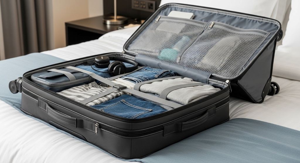 Expandable travel luggage shown opened on bed with organized compartments and packed clothing