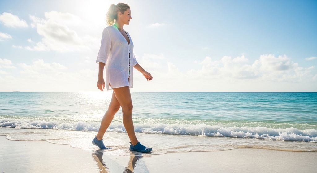 Woman wearing budget-friendly beach footwear while walking on sandy shore