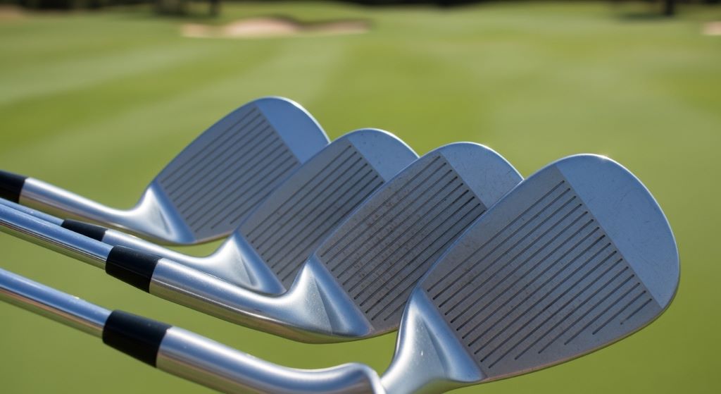Close-up of four golf wedges lined up showing different loft angles