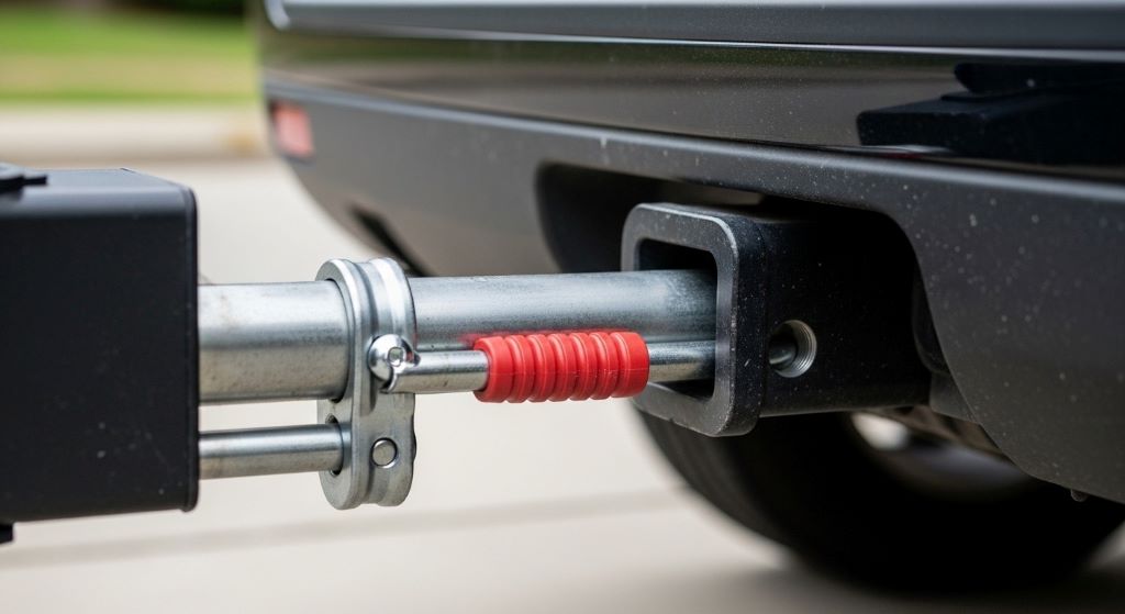 Close-up of hitch rack shank inserted into vehicle receiver with locking pin securing connection