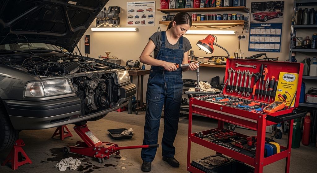 Beginner mechanic using essential automotive tools for DIY car maintenance in home garage