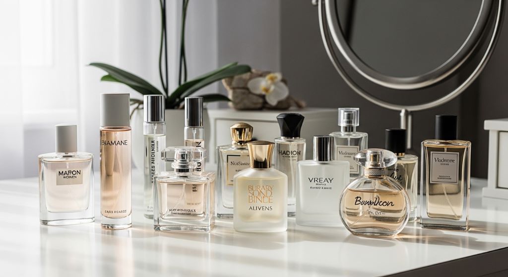 Collection of affordable women's perfume bottles arranged on a white vanity table