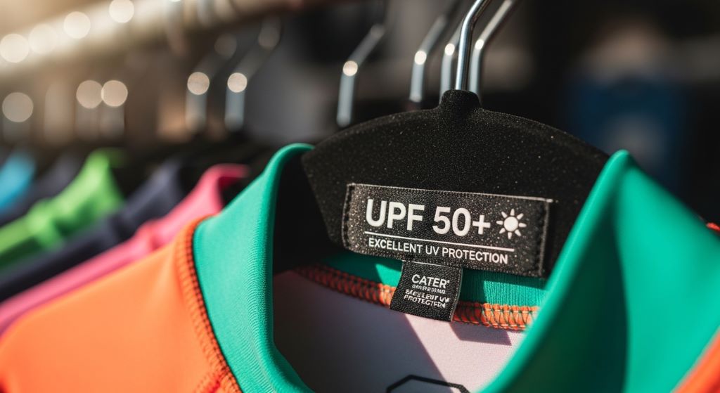Close-up of a UPF 50 rash guard label on surf clothing hanging at a beach shop