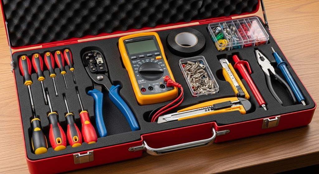 A neatly organized toolbox containing insulated screwdrivers, wire strippers, and other essential electrical repair tools for home maintenance