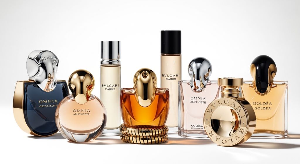 Collection of Bvlgari luxury perfume bottles for women arranged elegantly on a white background