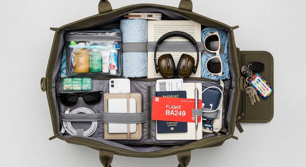 Overhead view of a packed travel tote bag with organized compartments and a boarding pass