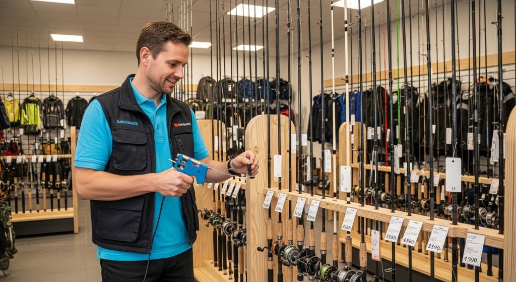 Entrepreneur organizing fishing rod inventory with price tags in new fishing gear shop