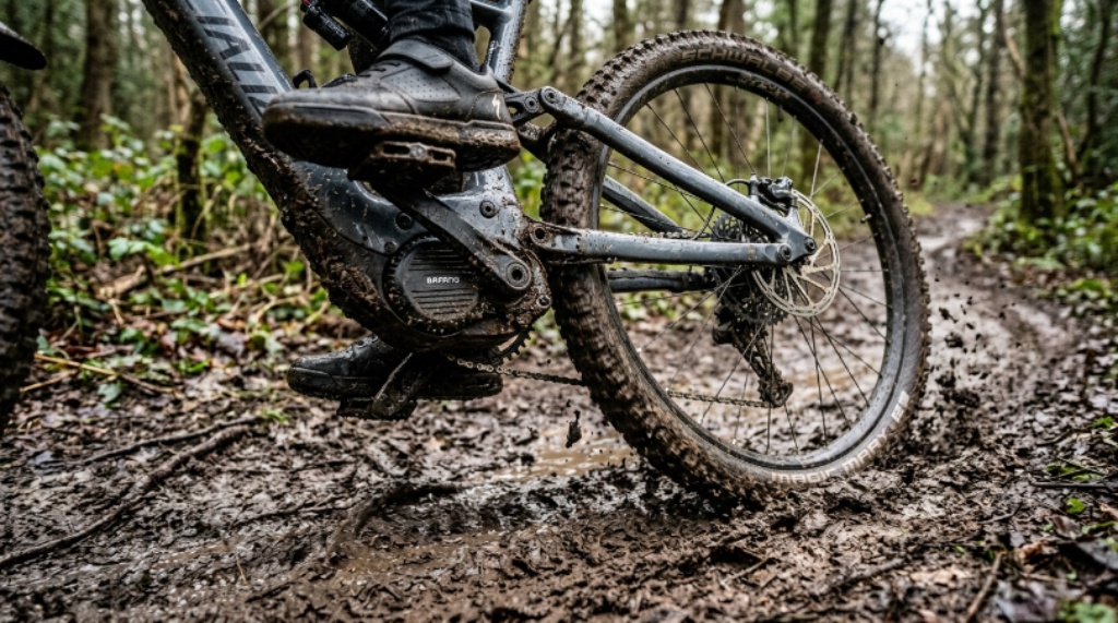 Close-up of a trail riding bike mid-drive motor and knobby tires on a muddy singletrack path