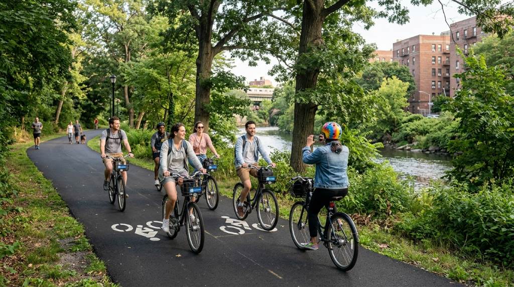 Family enjoying peaceful bike ride through Pelham Bay Park in the Bronx
