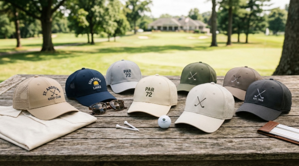 Collection of lightweight golf caps in neutral colors laid out as summer golf wear essentials