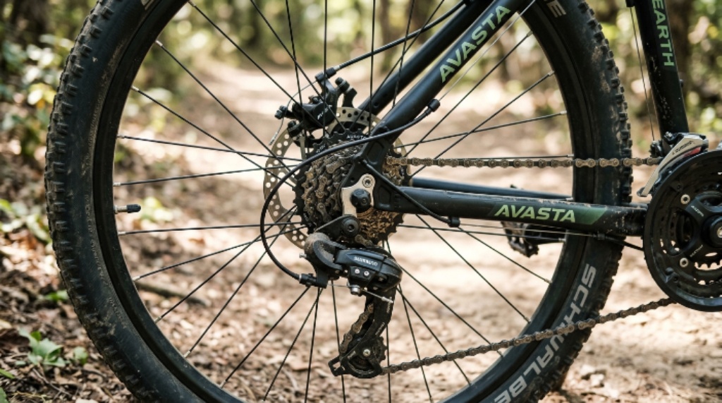 Close-up of dual disc brake and 21-speed drivetrain on an AVASTA Earth MTB