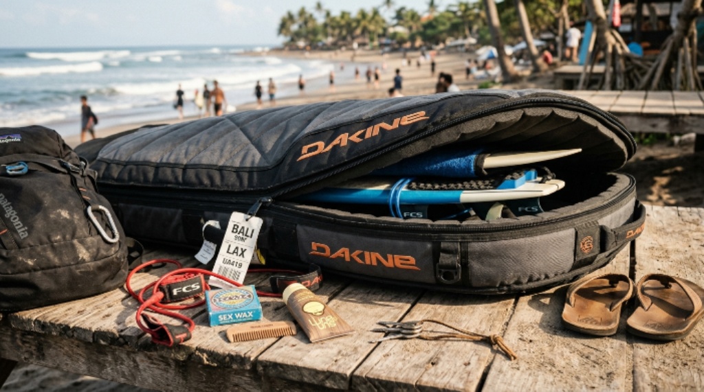 Close-up of surf travel gear including a double padded surfboard travel bag with foam lining