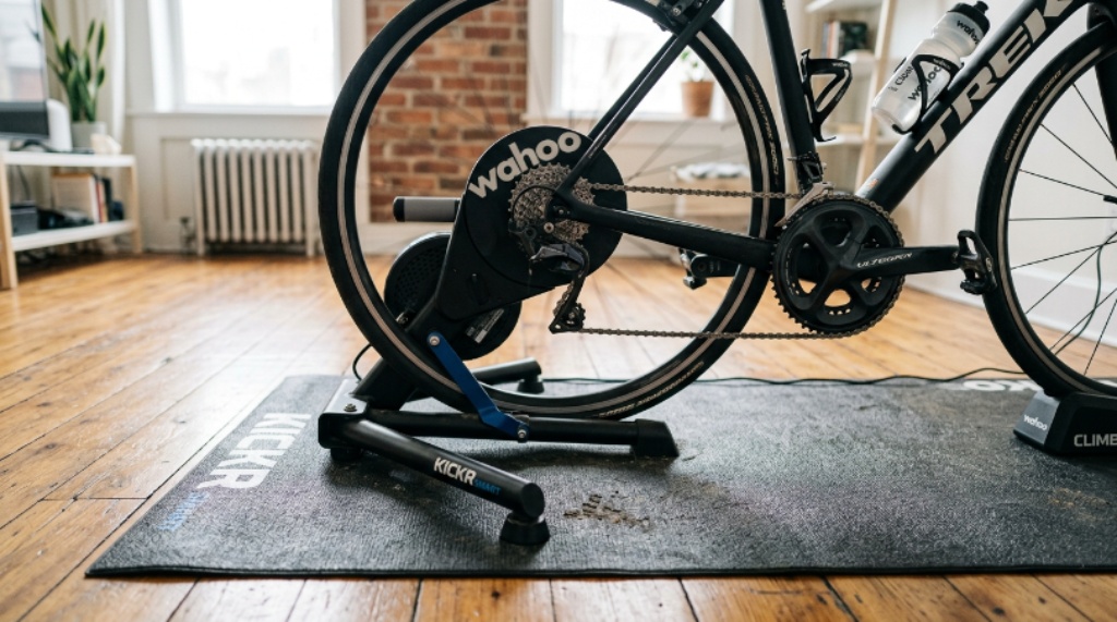 Close-up of a bike trainer mat on a wooden floor with a stationary bike positioned on top for indoor cycling