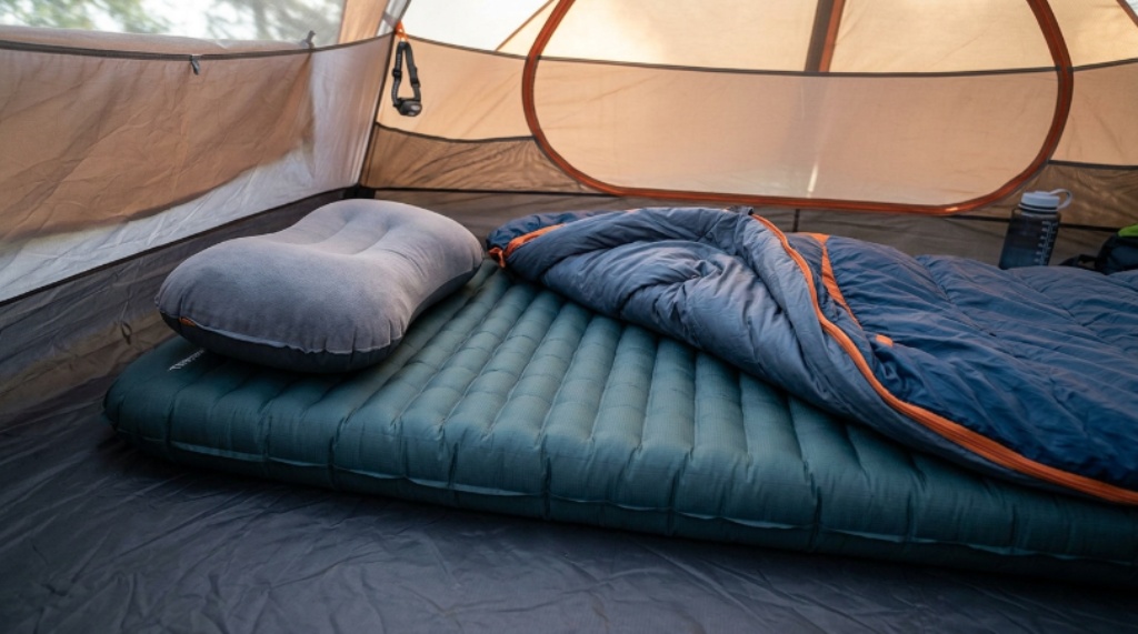 Close-up of a camping mattress and pillow setup inside a tent showing proper cushioning for side sleepers outdoors