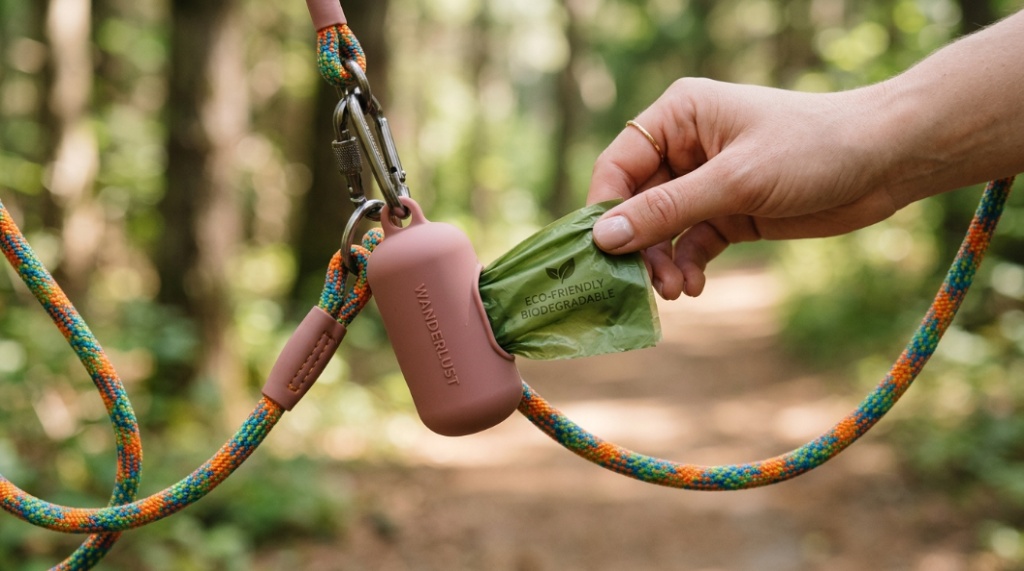 Close-up of a silicone dog poop bag dispenser being used on a walk.