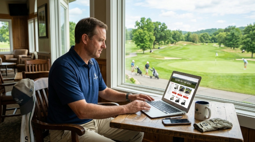 A golfer browsing electric golf cart deals on a laptop with a golf course visible through a window in the background