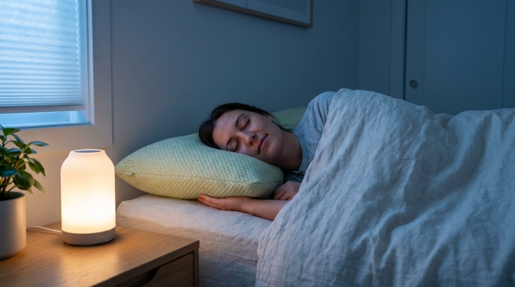 A person sleeping comfortably on a plush cooling bamboo pillow in a bedroom.