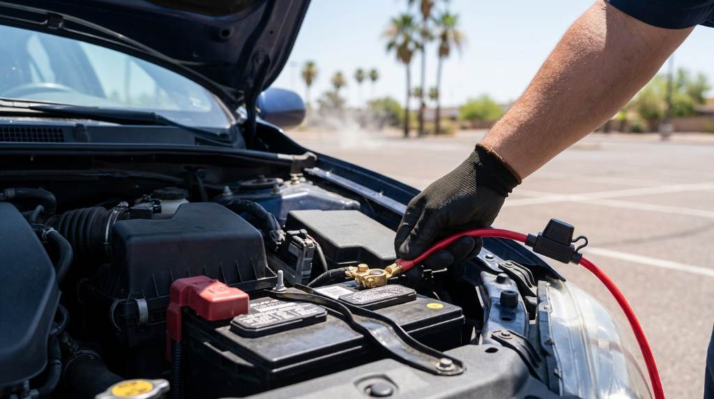 High powered car subwoofer connected to automotive battery