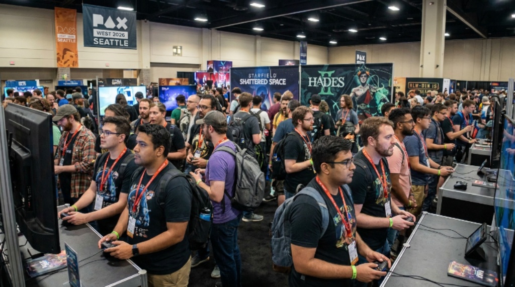 Attendees playing video game demos at PAX West 2026 Seattle Labor Day weekend gaming festival