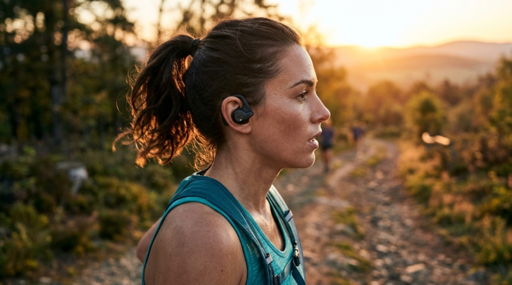 Close up of sweatproof running earbuds with secure ear hooks covered in water droplets.