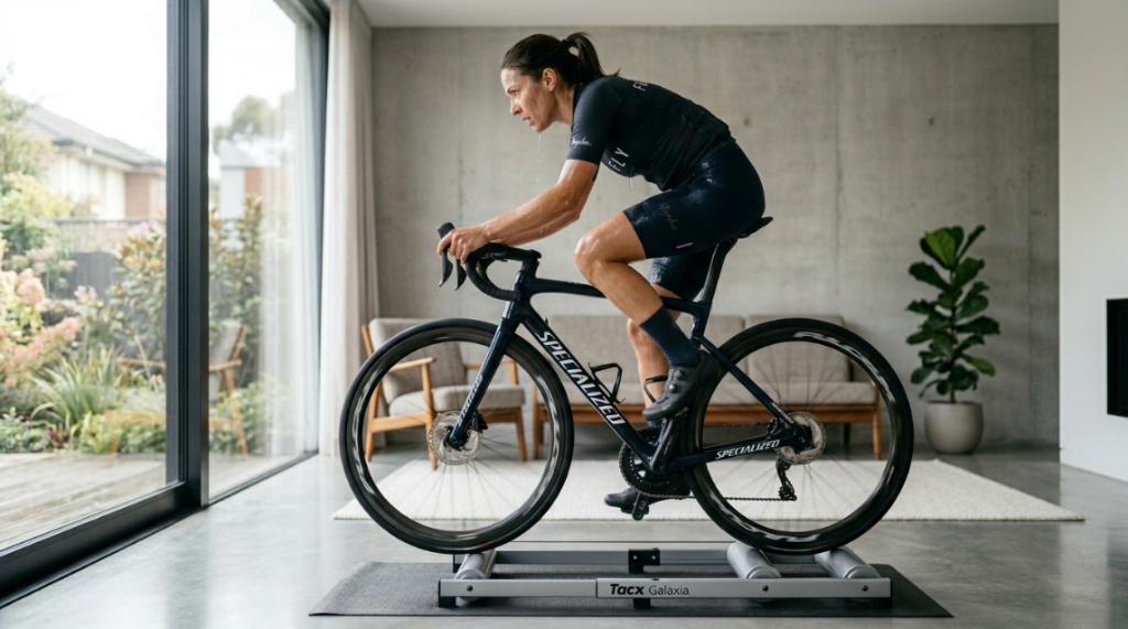 Side view of an athletic cyclist focused on riding a road bike on indoor rollers.