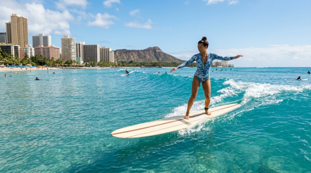 Surfer riding a longboard on a smooth rolling wave in Hawaii.