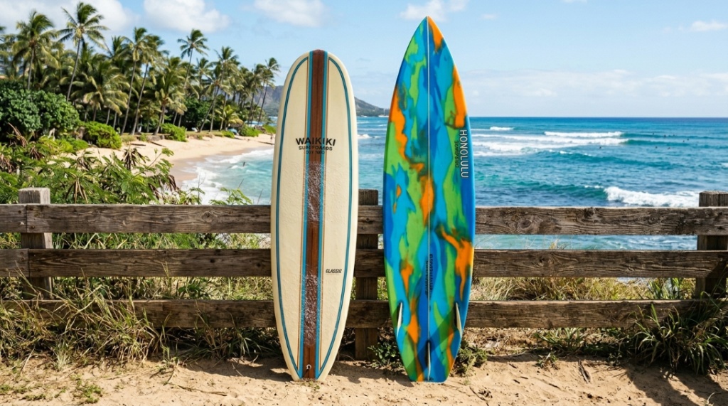 Surfer executing a sharp turn on a shortboard in powerful Hawaiian surf.