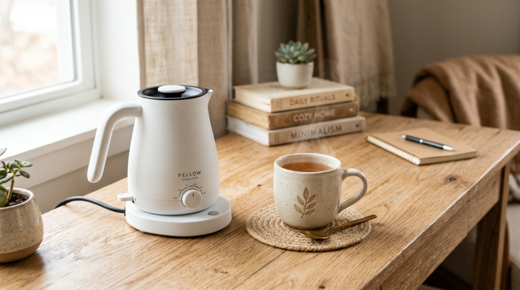 Compact white mini electric kettle placed next to a single coffee mug.
