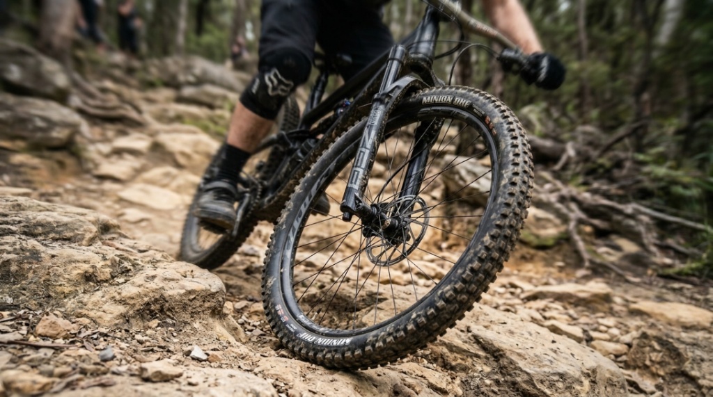 A close-up of a mountain bike tire gripping rough trail rocks.