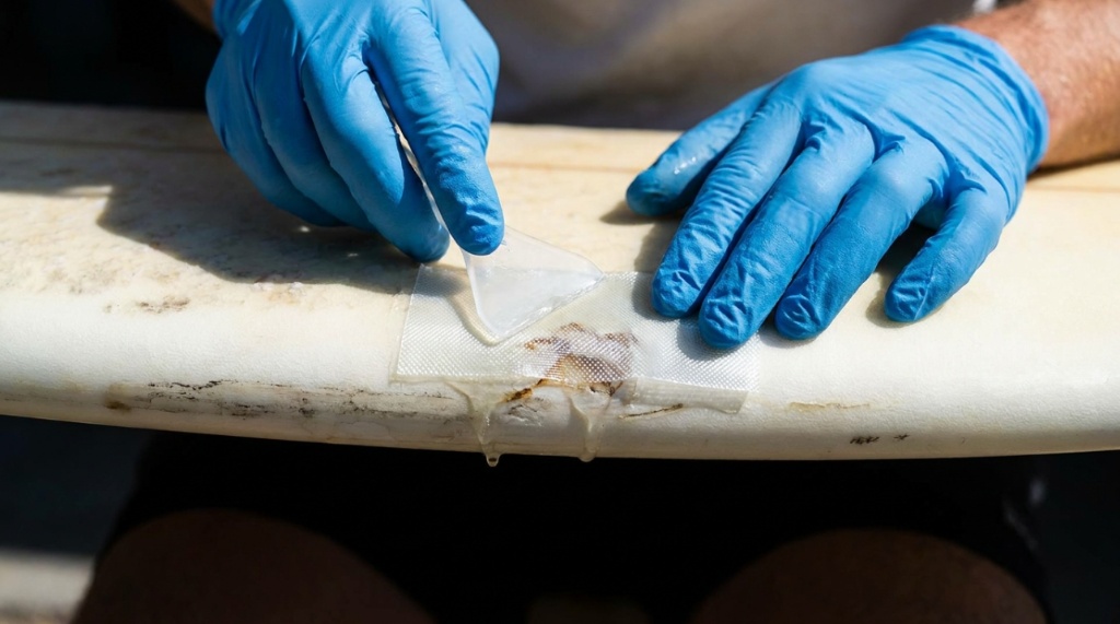 Gloved hands smoothing a fiberglass patch over a surfboard rail.