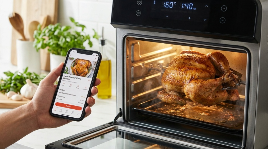  A hand holding a smartphone showing a cooking app next to a smart oven.