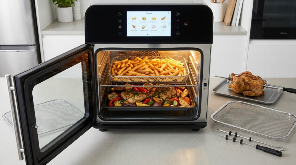 Open smart air fryer oven displaying multiple racks with a baking pan and basket.
