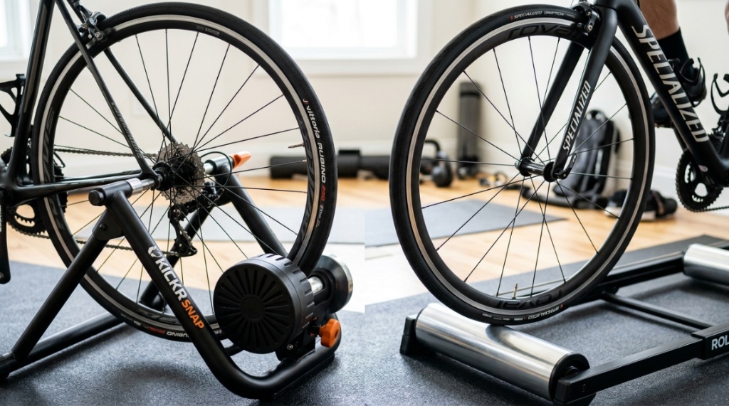 Close up view showing mechanical differences between a clamped bike trainer and smooth roller drums.