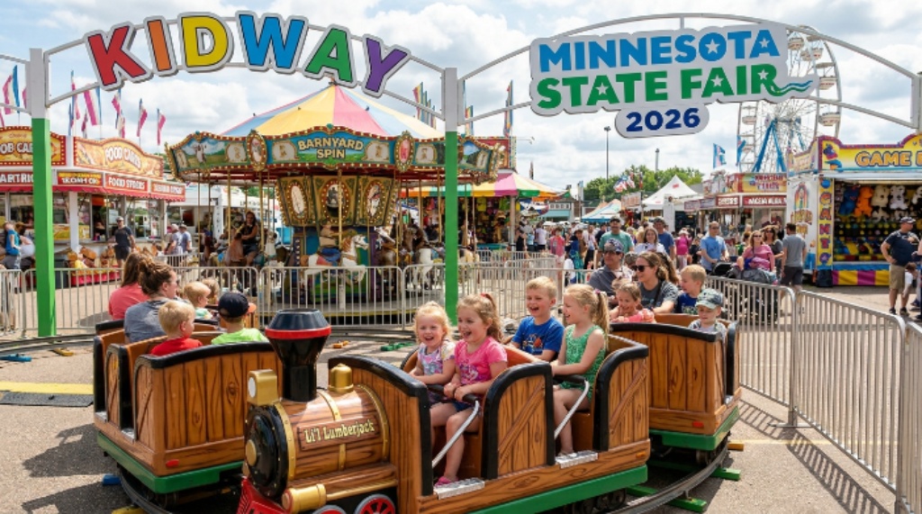 Kids riding mini rollercoasters and themed rides at the Kidway section of the Minnesota State Fair 2026 at the State Fairgrounds in St. Paul, Minnesota