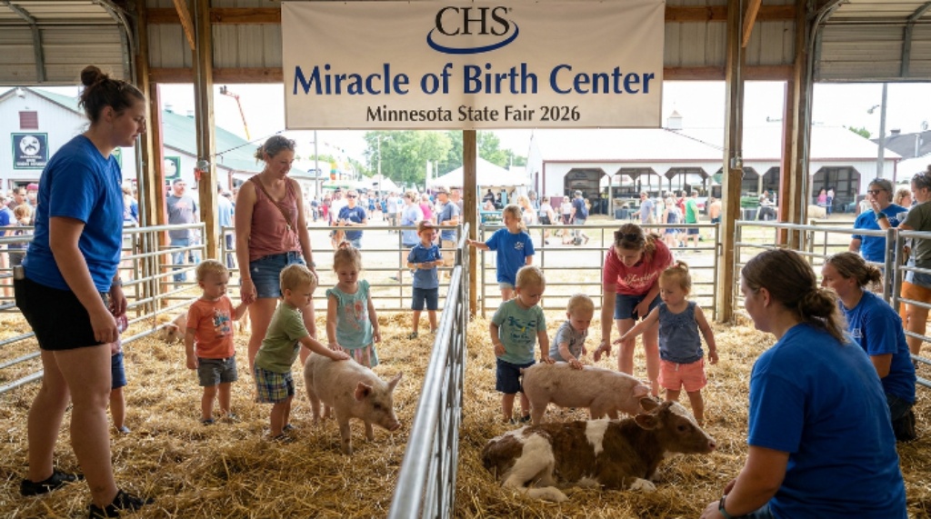 Young children petting newborn farm animals at the CHS Miracle of Birth Center at the Minnesota State Fair 2026 on the St. Paul fairgrounds