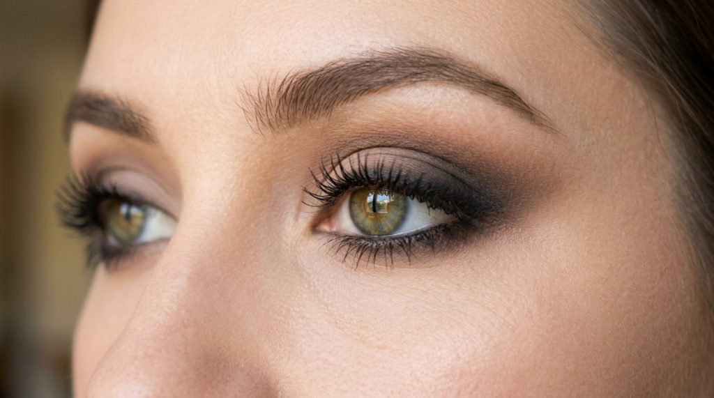 Close-up of smoothly blended gradient eyeshadow makeup on a woman eye.