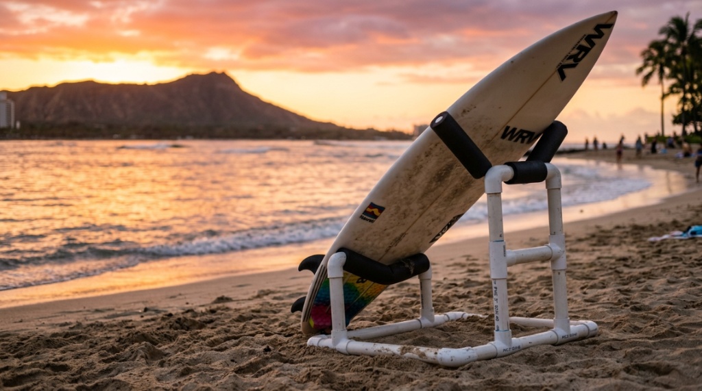 Budget-friendly surfboard stand holding a shortboard on a sandy Hawaiian beach.