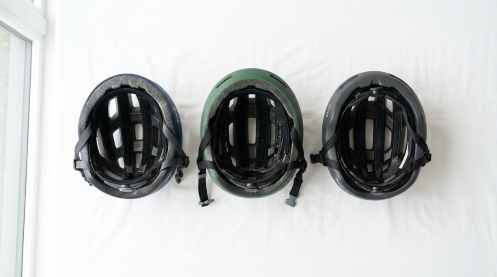A person adjusts the side strap of a well-fitted gray bicycle helmet outdoors.