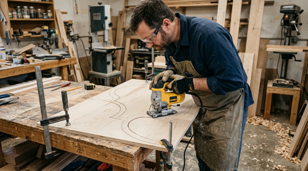 Woodworker cutting curved plywood lines with a lightweight cordless jigsaw.